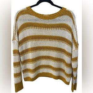 Esprit Mustard Yellow & White Striped Open Knit Sweater Size Medium
